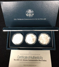Load image into Gallery viewer, 1994 U. S. Veterans Commemorative Uncirculated Silver Dollars~3-Coin Set