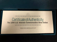 Load image into Gallery viewer, 1994 U. S. Veterans Commemorative Uncirculated Silver Dollars~3-Coin Set