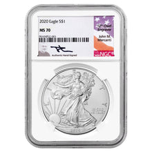 Load image into Gallery viewer, 2020 American Silver Eagle S$1 NGC MS70 John Mercanti Signed label
