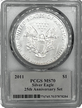 Load image into Gallery viewer, 2011 PCGS MS70 Silver Eagle $1 25th Anniversary Signed Thomas Cleveland
