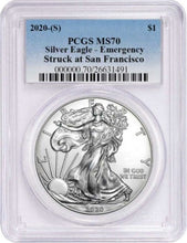 Load image into Gallery viewer, 2020 (S) $1 American Silver Eagle PCGS MS70 Emergency Issue Blue Label
