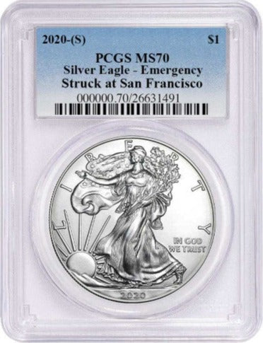 2020 (S) $1 American Silver Eagle PCGS MS70 Emergency Issue Blue Label