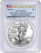 Load image into Gallery viewer, 2020 (S) $1 American Silver Eagle PCGS MS70 Emergency Issue FDOI Flag Label
