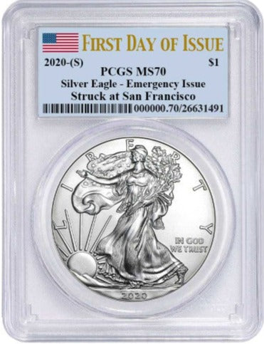 2020 (S) $1 American Silver Eagle PCGS MS70 Emergency Issue FDOI Flag Label