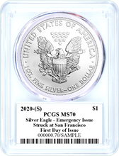 Load image into Gallery viewer, 2020 (S) $1 Silver Eagle Emergency Issue PCGS MS70 First Day of Issue Mercanti
