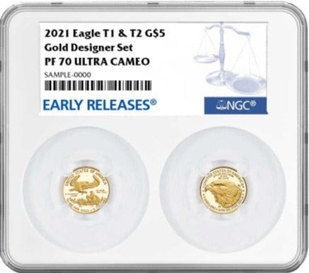 2021-W Proof T1 and T2 American Eagle 1/10 oz Gold Set Designer Edition NGC PF70UC ER Blue Label  