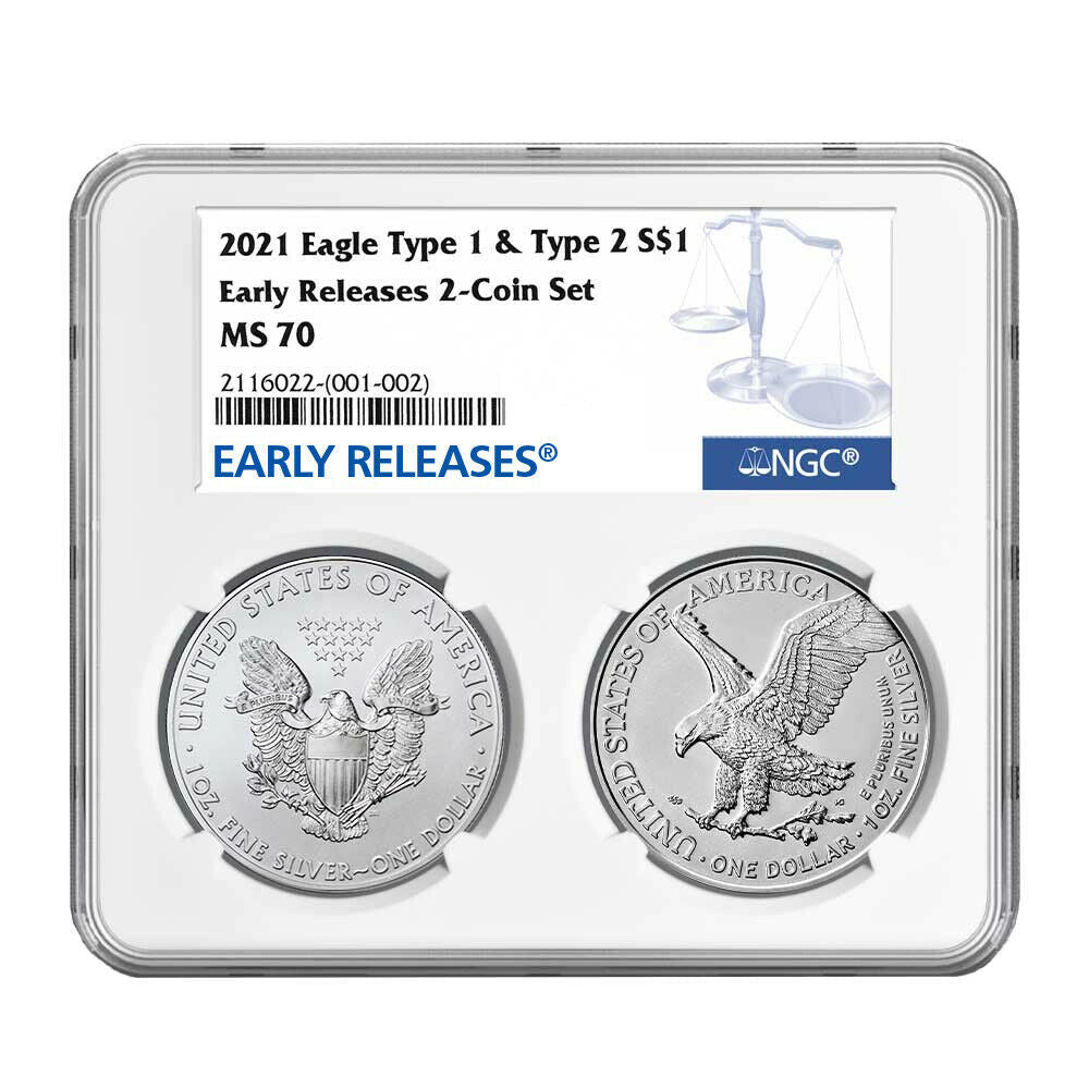 2021 Eagle Type 1 & Type 2 S$1 Early Releases 2-Coin Set MS 70 NGC