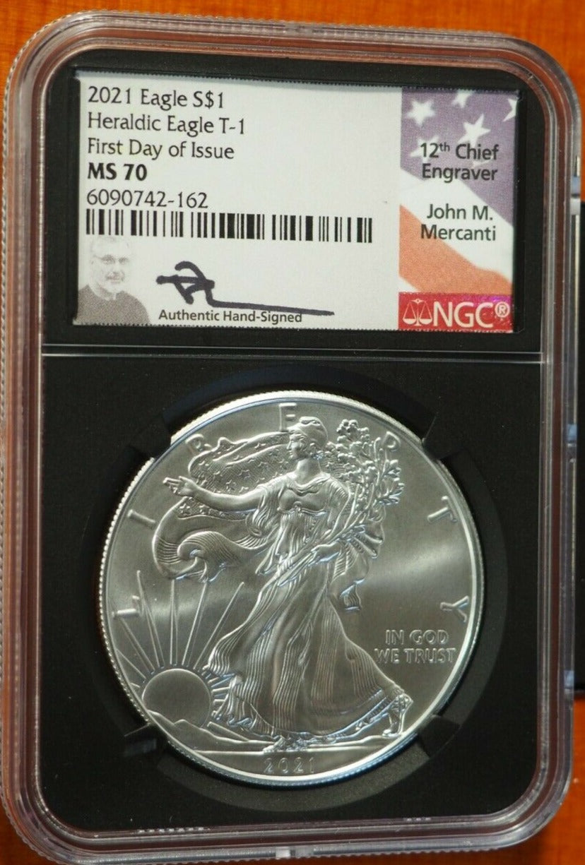 2021 SILVER EAGLE NGC MS70 JOHN MERCANTI SIGNED FIRST DAY OF ISSUE FDI TYPE 1