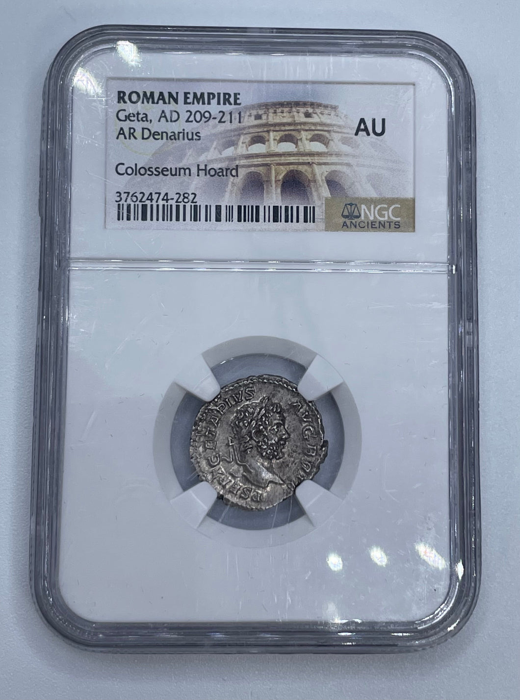 209-211 AD Roman empire- Geta AR Denarius COLOSSEUM HOARD AU NGC